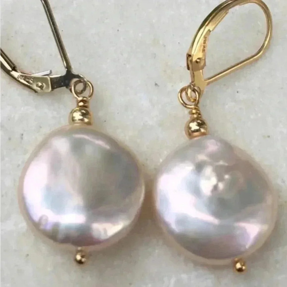 Peach Color Pearls, Coin Shape Earrings, Natural Color Pearls,June Birthdays - Picture 2 of 4